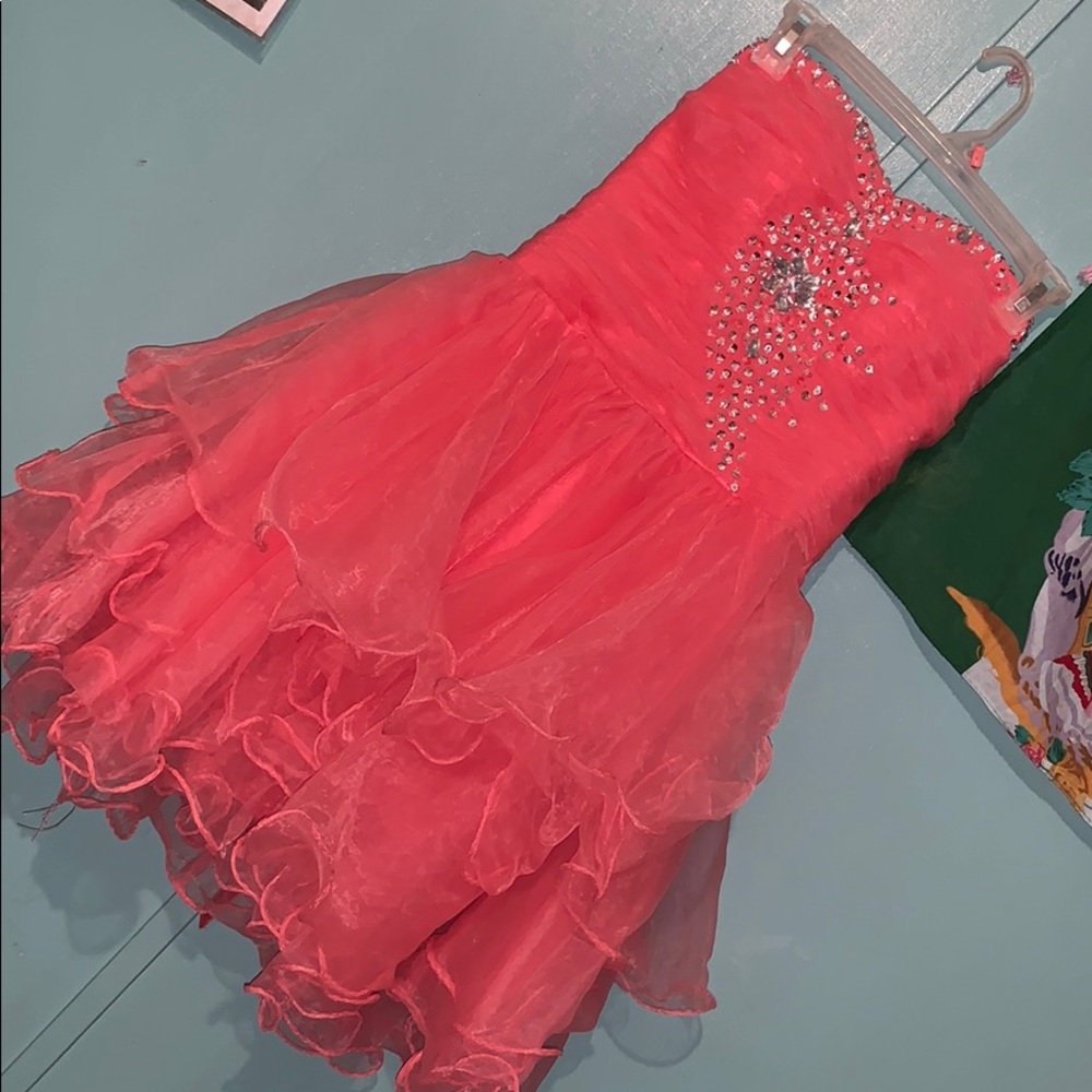 Mini Coral Strapless Prom Dress with Diamonds